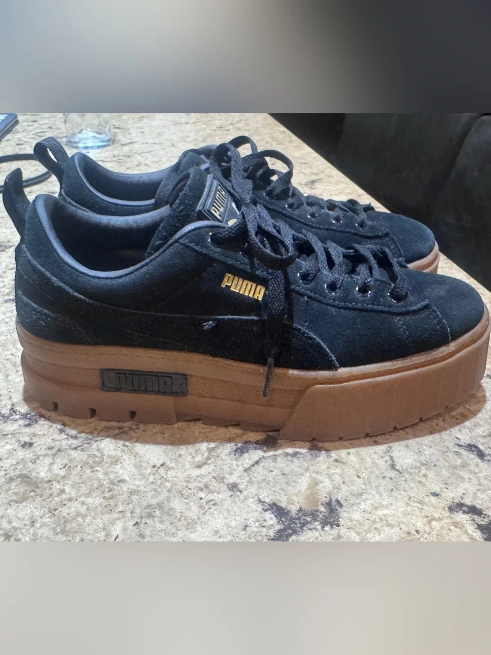 Puma Black Suede Platform Sneakers with Brown Gum Sole